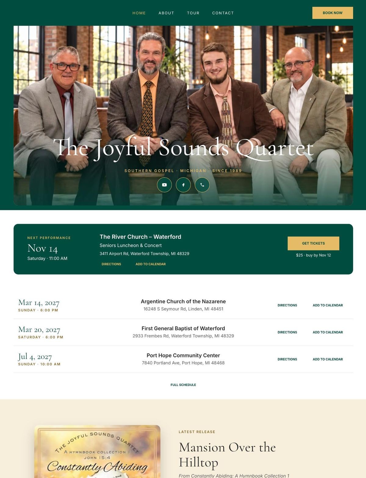 The new homepage in full: a photo of the quartet, upcoming performances, the latest album, member profiles, and a booking section